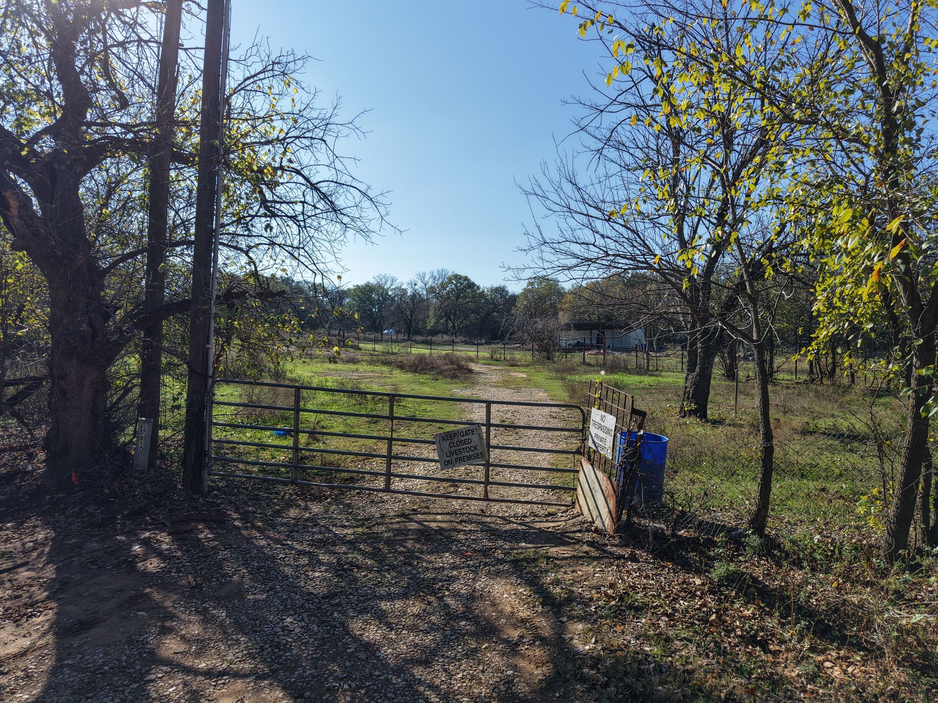 Rustic metal gate opening to a sunlit grassy field, with trees and a blue bucket by the fence.