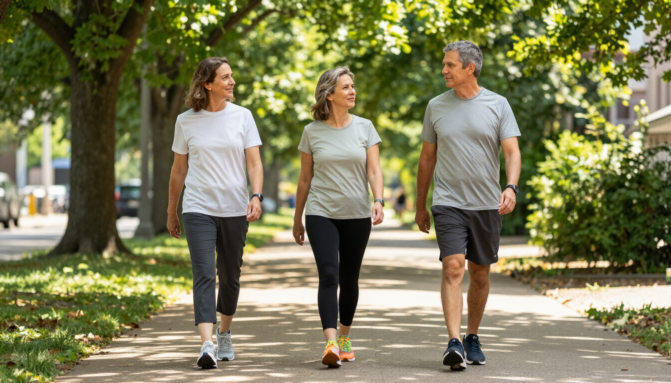 Active adults walking outdoors to support longevity and mobility