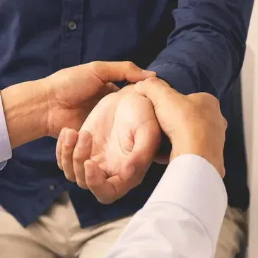 Hands holding a person's wrist during a medical examination