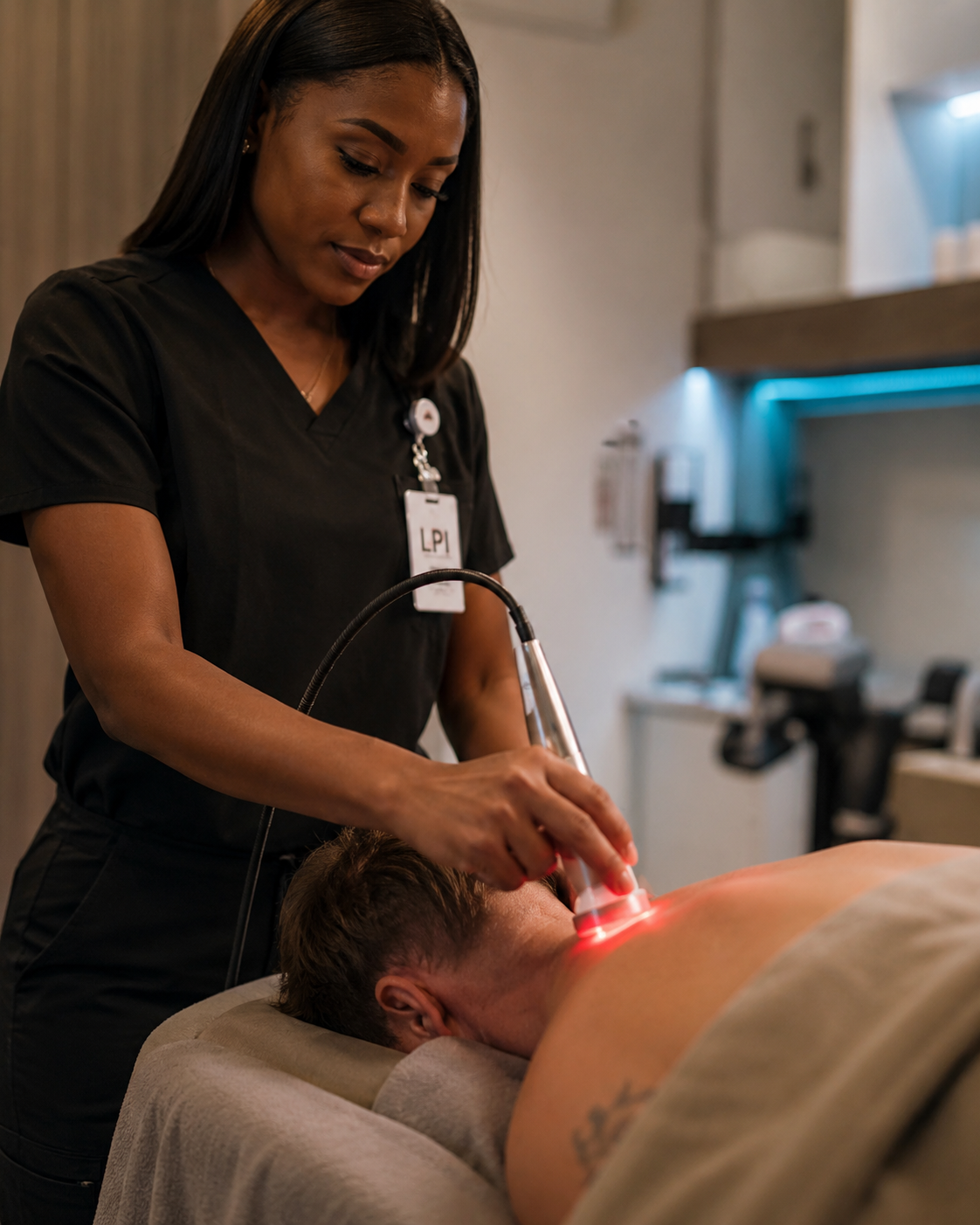 Healthcare worker using a red light therapy device on a patient’s neck in a clinic room