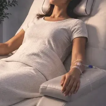 Patient reclining on a medical chair with an IV in their arm, wearing a white hospital gown