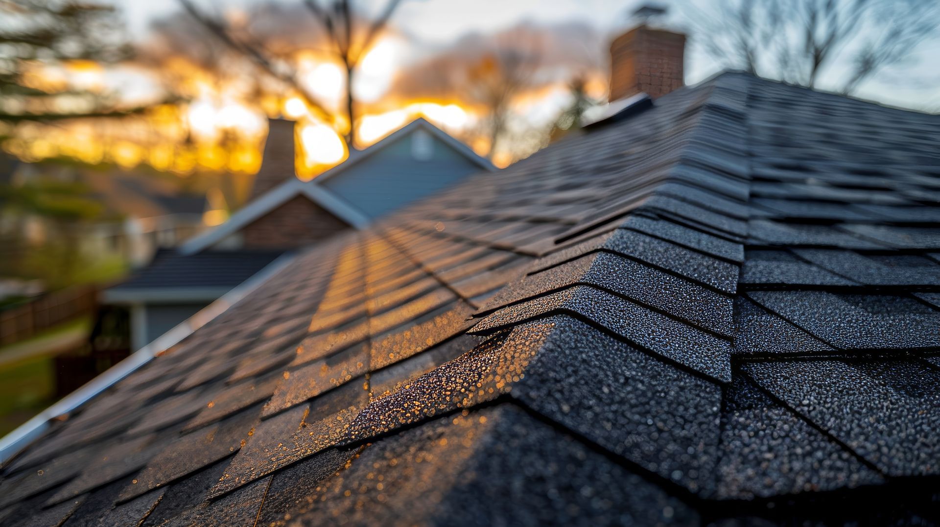 Close-up of a dark gray shingle roof at sunset with warm sunlight reflecting on the shingles. Close-up of a dark gray shingle roof at sunset with warm sunlight reflecting on the shingles.