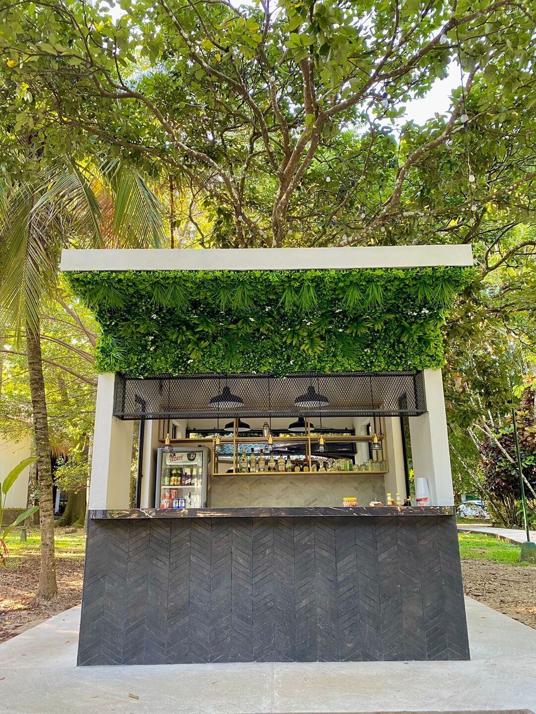 Un pequeño bar en medio de un parque con árboles al fondo.