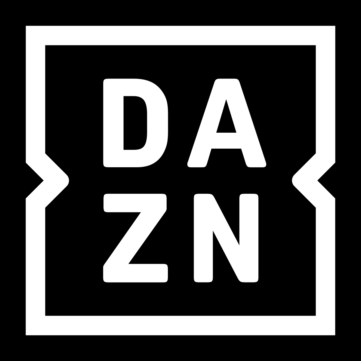 Logo DAZN: lettere bianche DAZN all'interno di un quadrato nero con bordo bianco e lati rientranti.