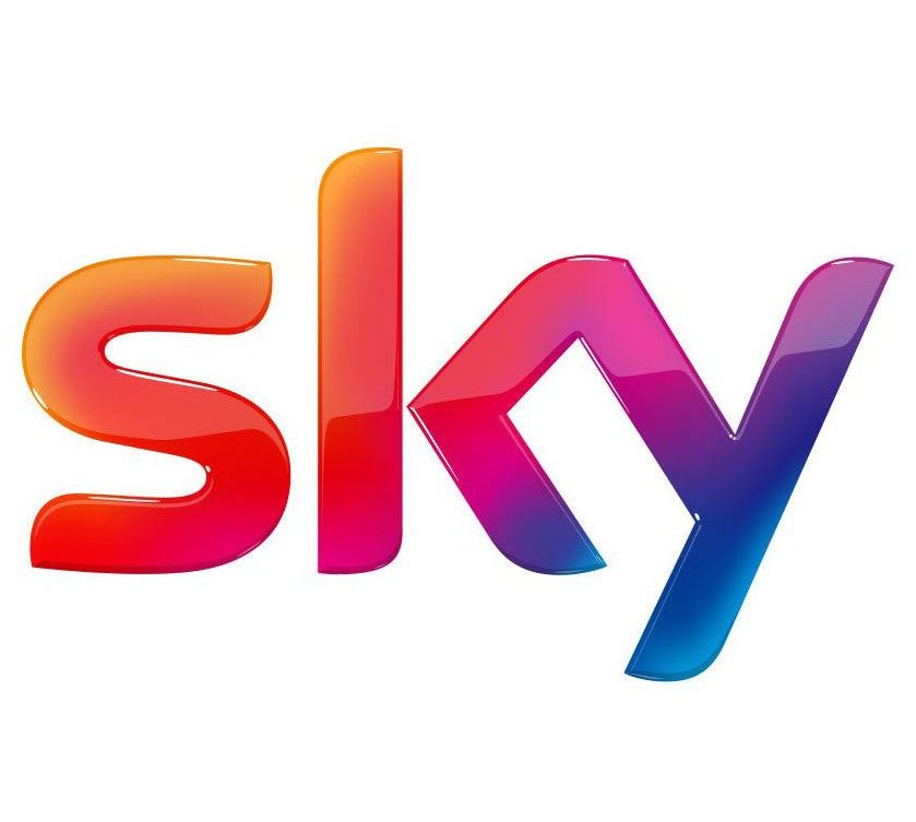 Logo Sky con sfumature di rosso, arancione, rosa e blu.