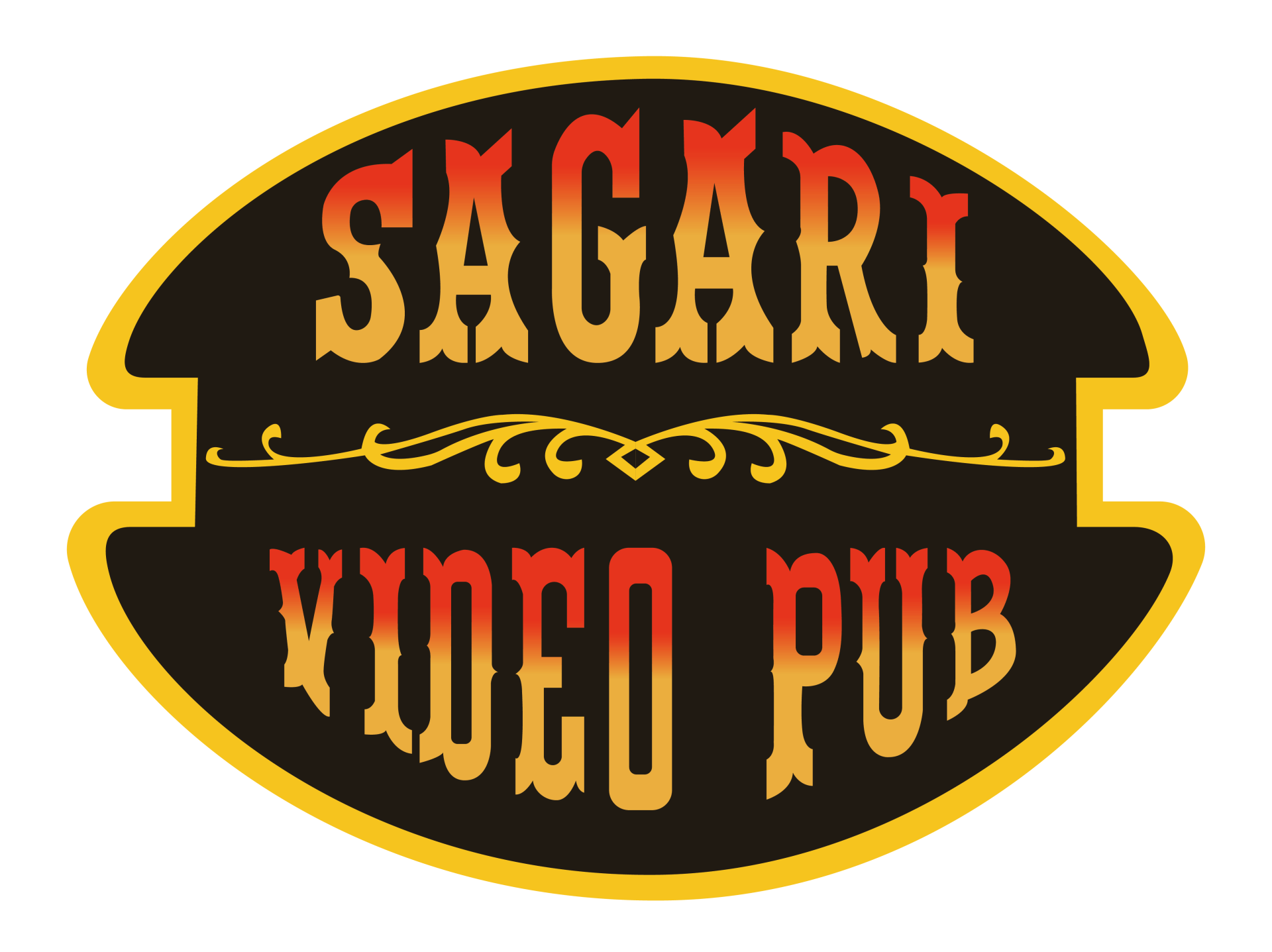 Logo per Sagari Video Pub, in una forma ovale scura con bordo dorato;