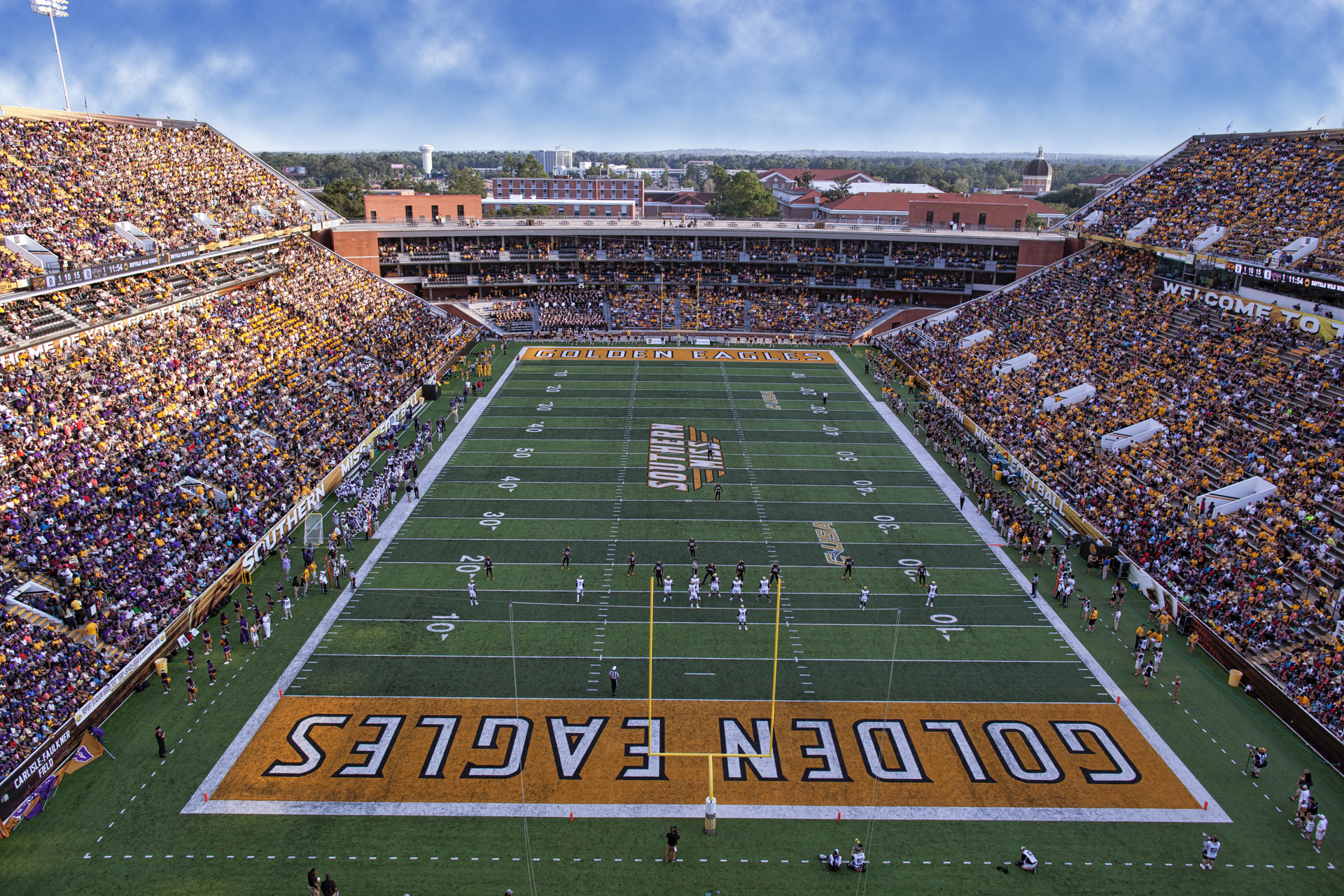 A football field with the word golden eagles on it