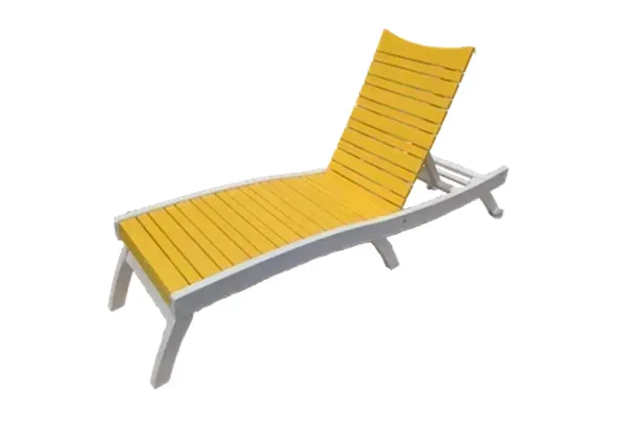 Yellow reclining lounge chair with gray metal frame on a white background
