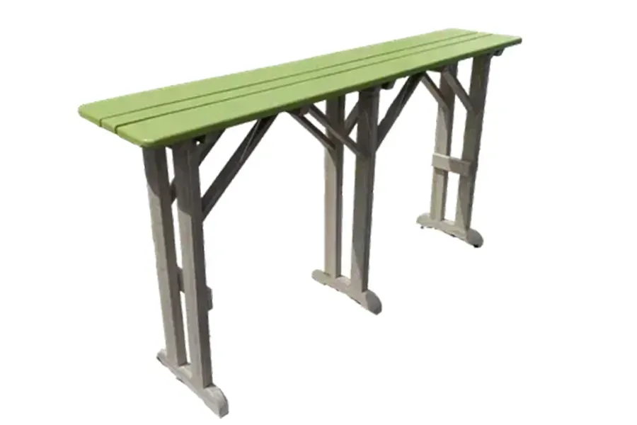 Green wooden bench with gray metal supports on a white background