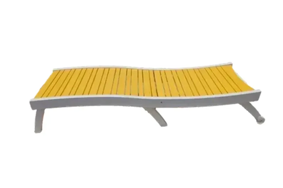 Yellow slatted lounge chair with gray metal frame on a white background