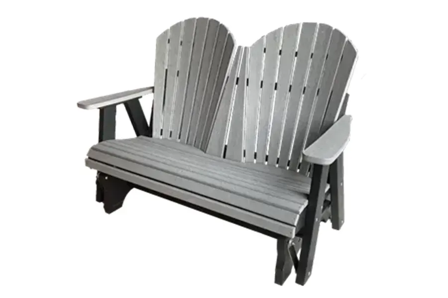 Gray wooden Adirondack-style bench on a white background