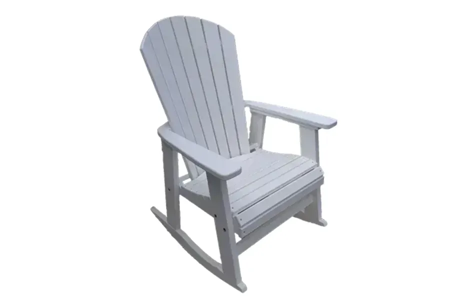 Gray wooden rocking chair with armrests, angled on a white background