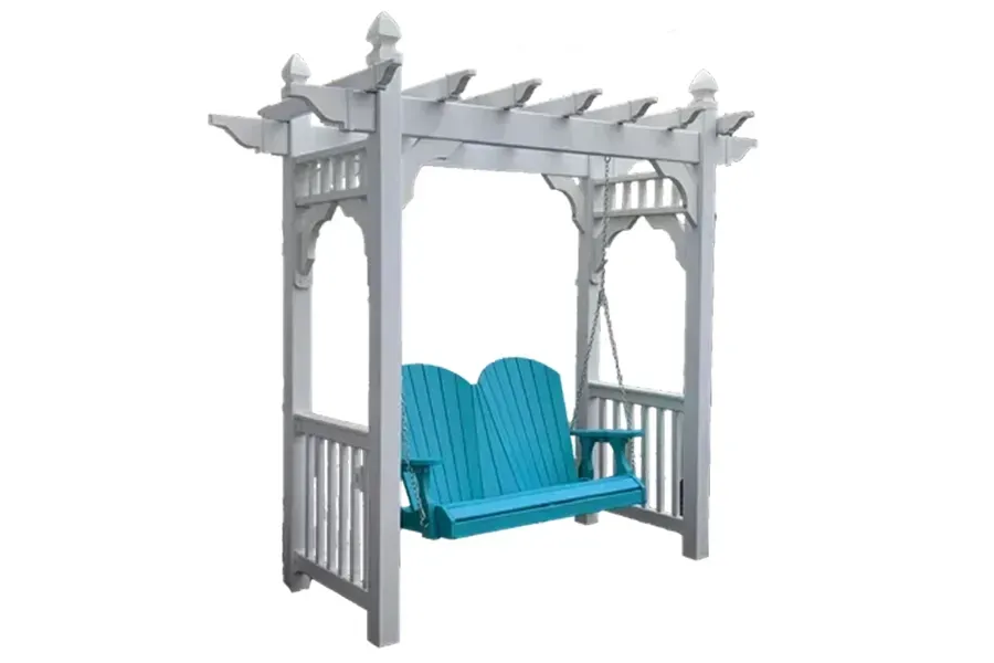 Gray arbor swing with blue seat cushions and a roofed frame