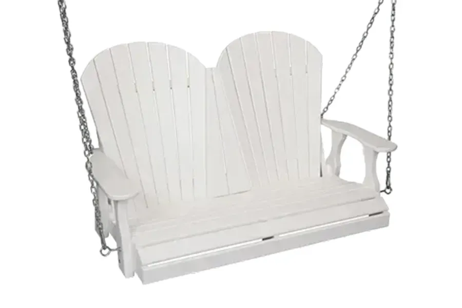 White wooden porch swing seat with armrests and chains, isolated on a white background
