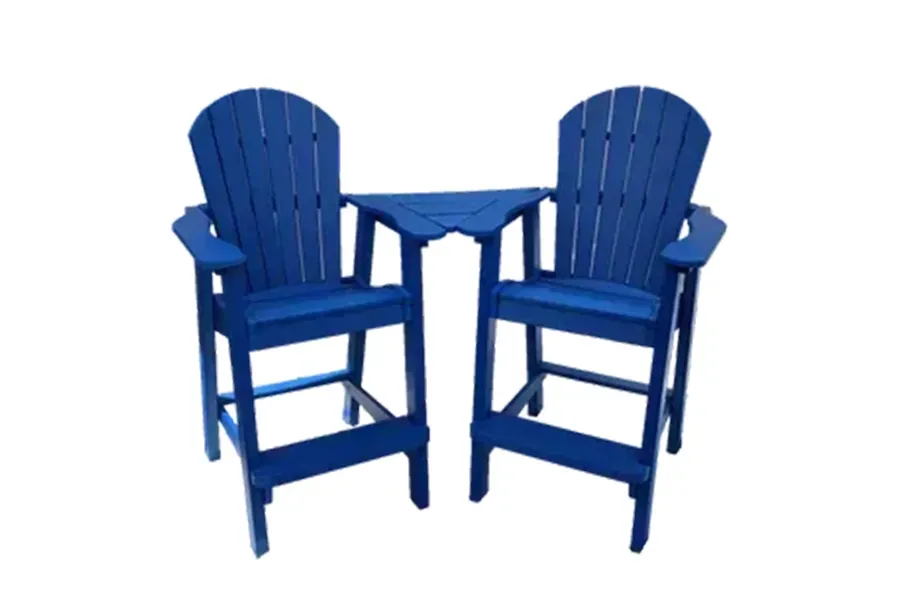 Two blue wooden Adirondack chairs with a small matching table between them on a white background
