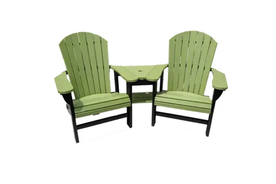 Two green outdoor chairs with a small table between them on a white background