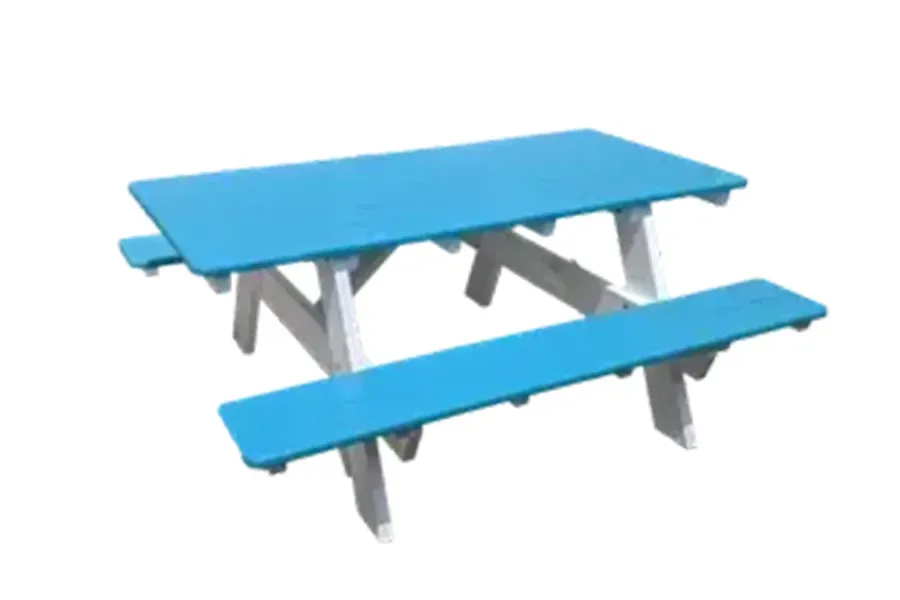 Blue picnic table with attached benches on a white background