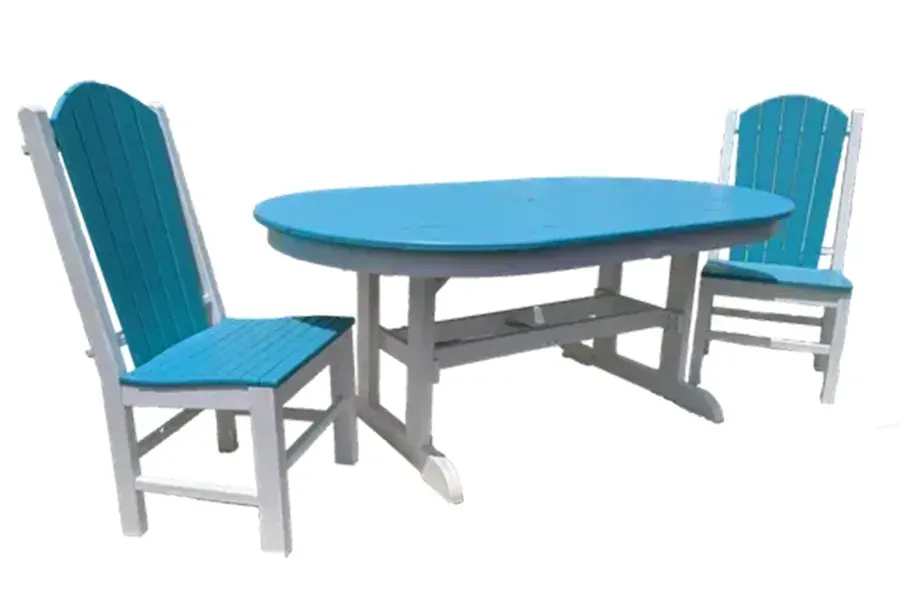 Blue outdoor table with three matching chairs on a white background