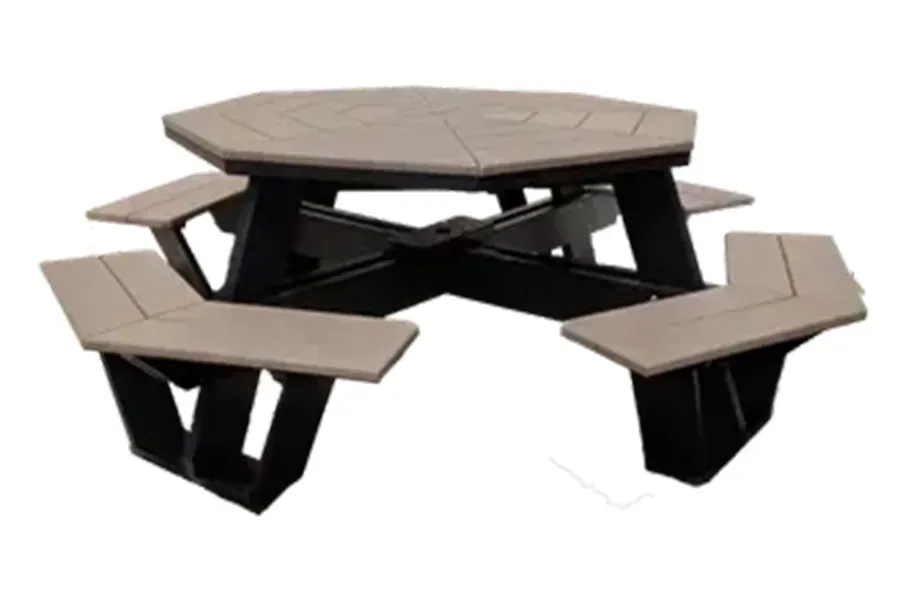 Wooden picnic table with attached benches on a white background
