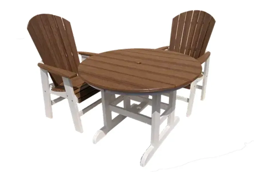 Wooden outdoor dining table with matching chairs on a white background