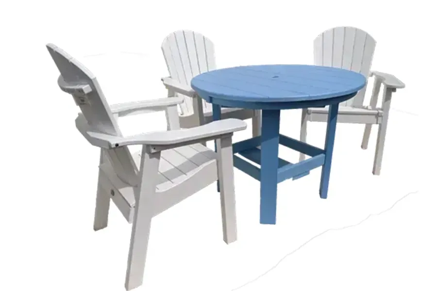 White patio table and four gray chairs on a white background