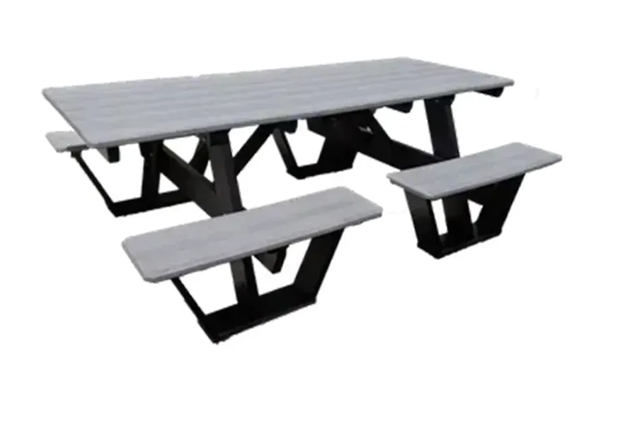 Outdoor picnic table set with gray wood seats and black metal bases