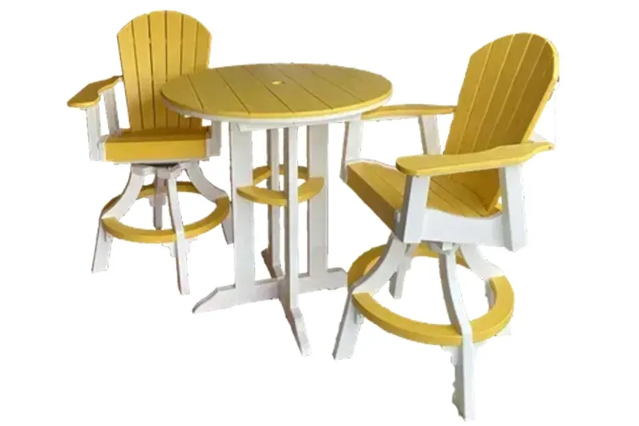 Yellow wooden patio table with two matching chairs on a white background