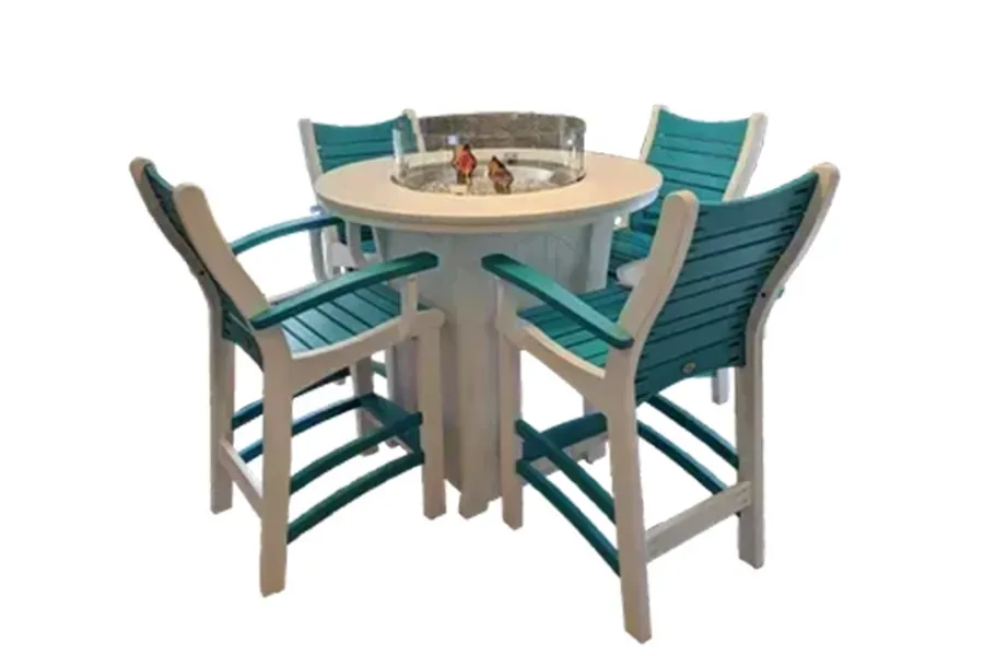 Round patio table with four teal chairs and a built-in fire pit on a white background
