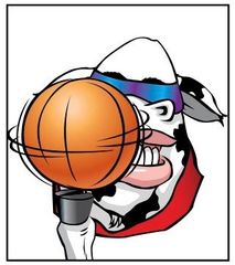 Cow with basketball dribbling, wearing a headband, with a determined expression.
