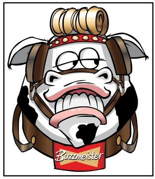 A cartoon cow wearing a harness with the Budweiser logo and a roll of blonde hair.