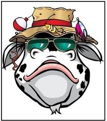 Cow wearing sunglasses and a fishing hat, decorated with lures and a bobber.