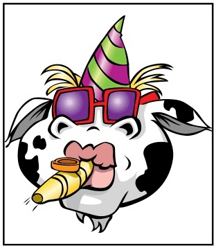 Cow wearing party hat and sunglasses, smoking a cigar.