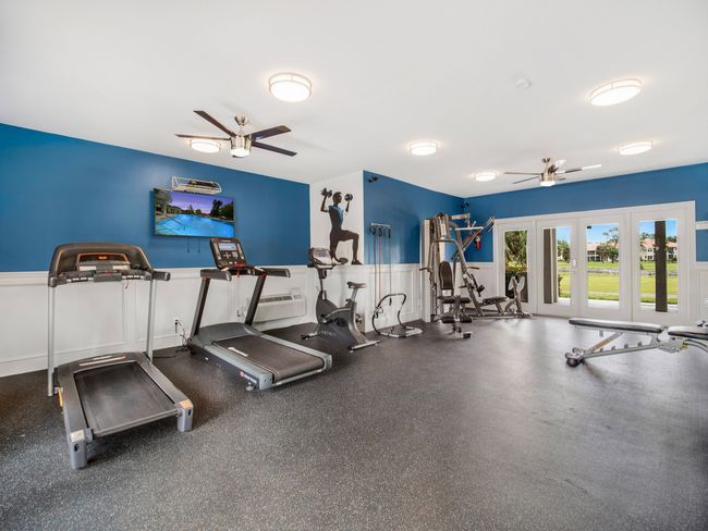 Gym with treadmills, stationary bike, weight machines, and double doors to outside. Blue and white walls, dark floor.