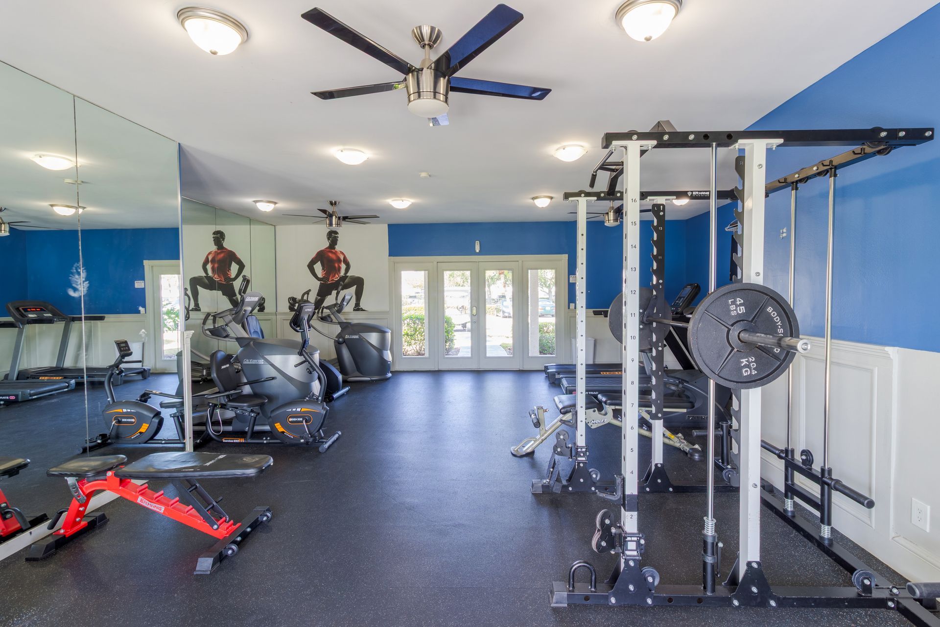 Gym interior with exercise equipment, blue walls, mirrors, and ceiling fans at Belvedere at Quail Run in Naples, FL.