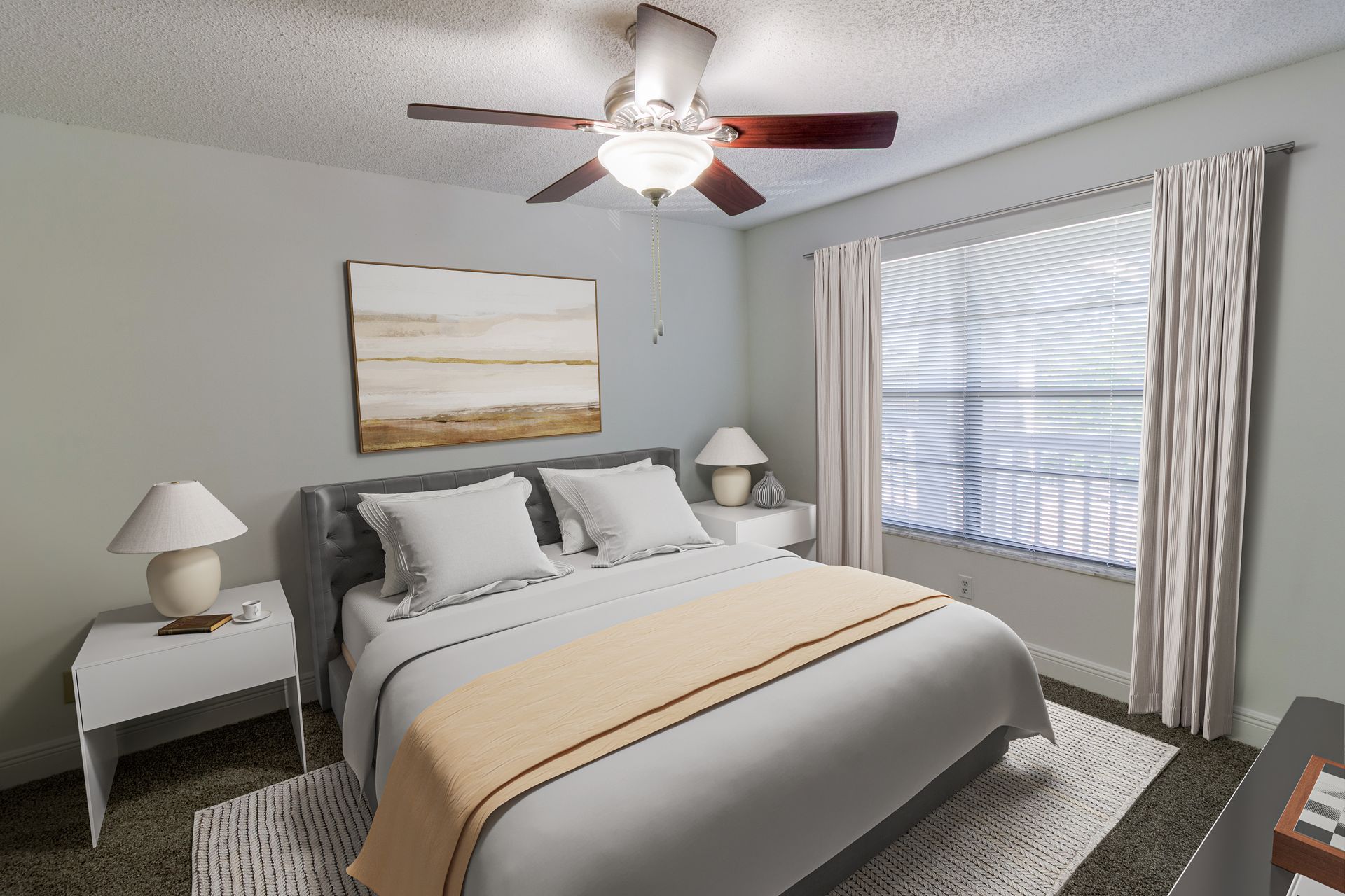Bedroom with a bed, nightstands with lamps, a window, and a ceiling fan at Belvedere at Quail Run in Naples, FL.