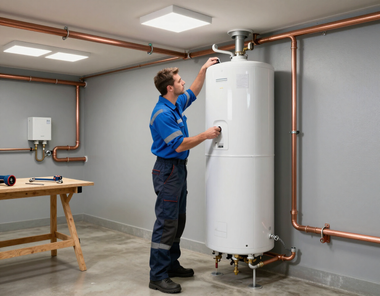 Plumber adjusting a white water heater in a gray utility room with copper pipes.