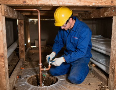 Worker in blue coveralls and yellow hard hat repairing plumbing under a crawlspace.