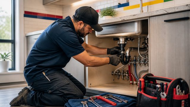 Plumber repairing a sink leak.