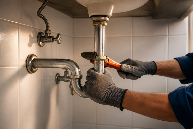 Plumber using a wrench to fix a bathroom sink drain under a tiled sink