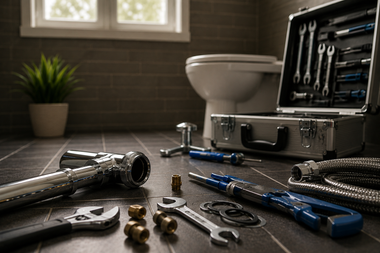 Bathroom repair tools and plumbing parts spread on the floor beside an open toolbox and toilet.
