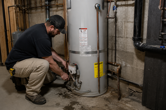 Plumbing pipe installation in a utility room.