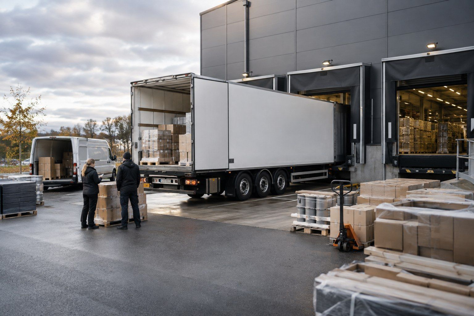 Utgående transportflöde med lastbil, distributionsbil och gods vid en industriell anläggning