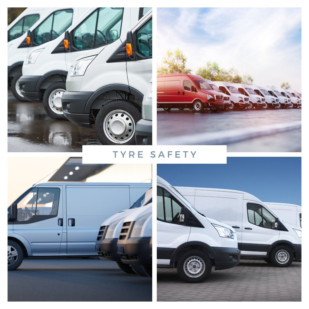 A collage of four pictures of vans parked in a parking lot.