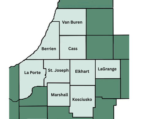 Map of Indiana counties, highlighting La Porte, St. Joseph, Elkhart, and others, in shades of green and white.