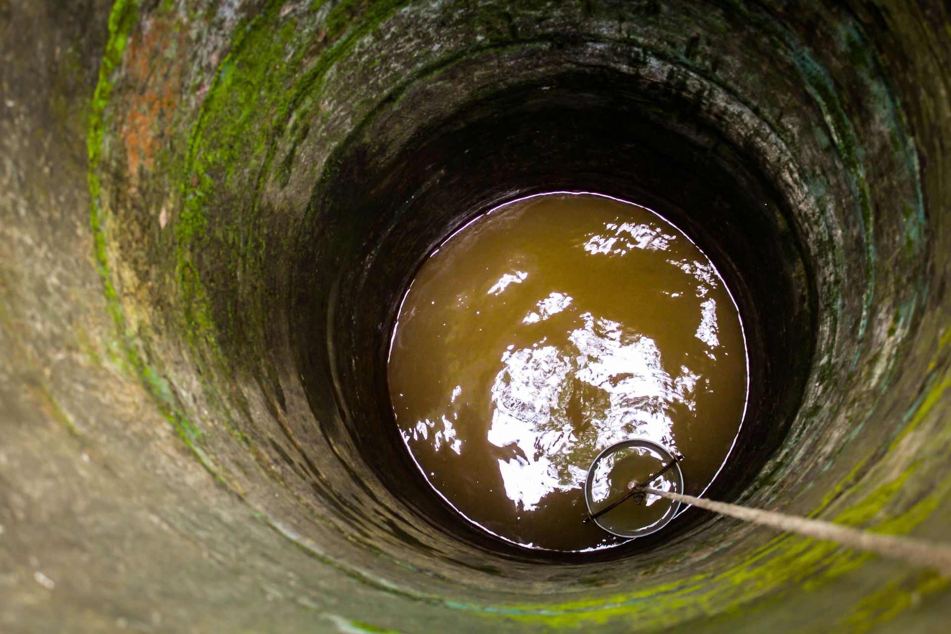 Looking down a mossy well with muddy water well at the bottom and a rope descending into it