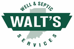 Logo for Walt's Well & Septic Services, with text and a silhouette of Indiana in green and white.