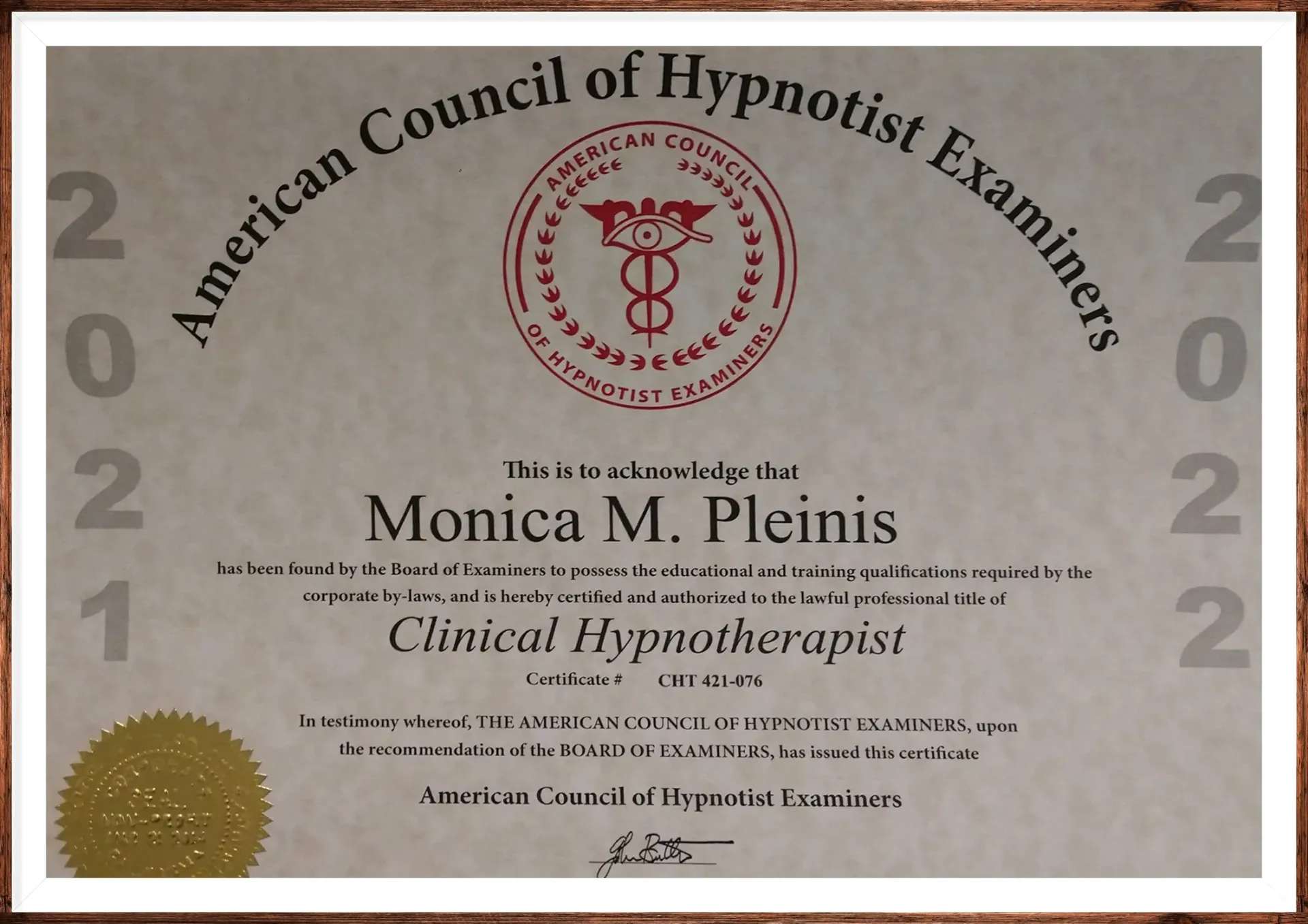 A certificate from the american council of hypnotist examiners