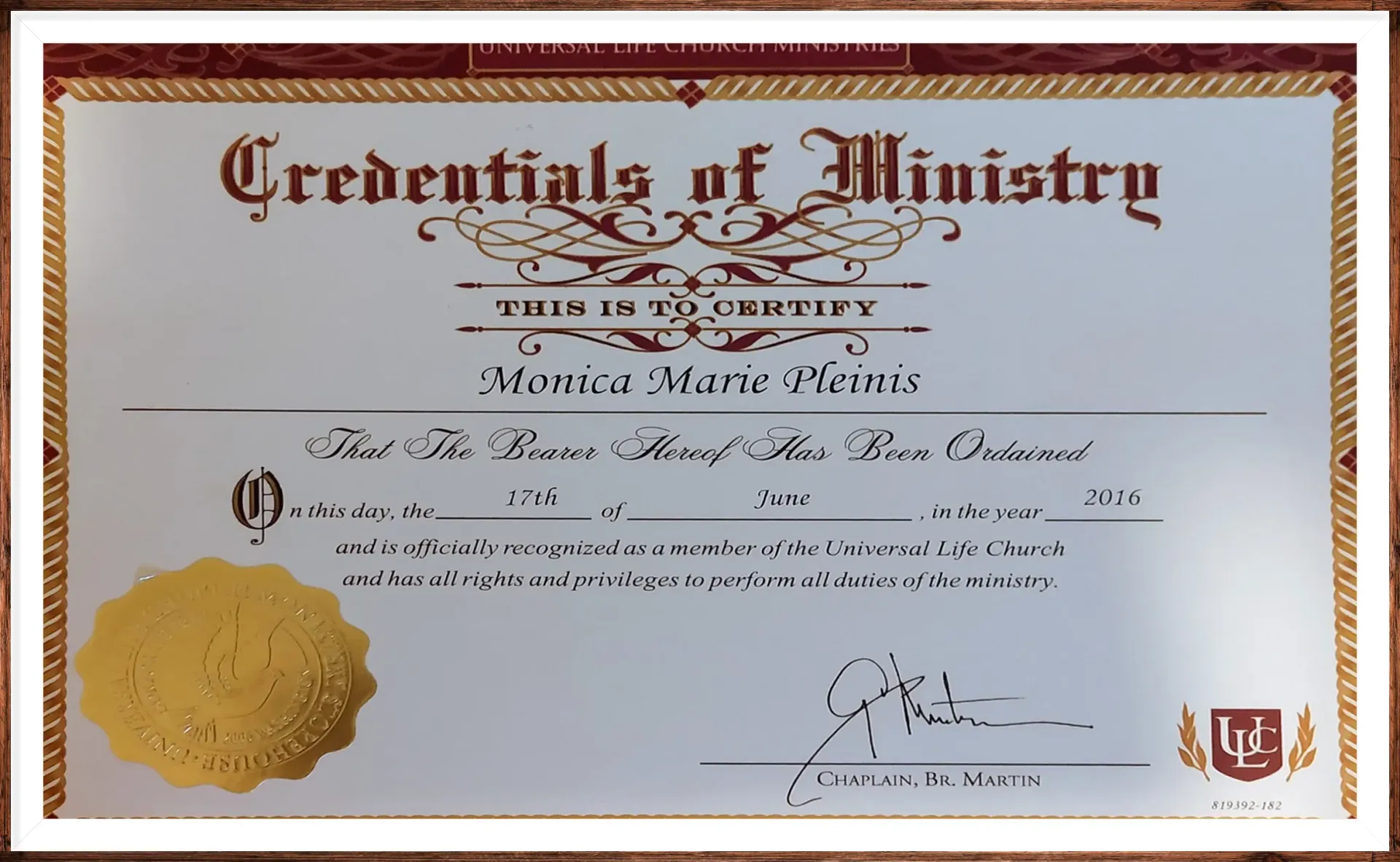 A certificate that says credentials of ministry on it