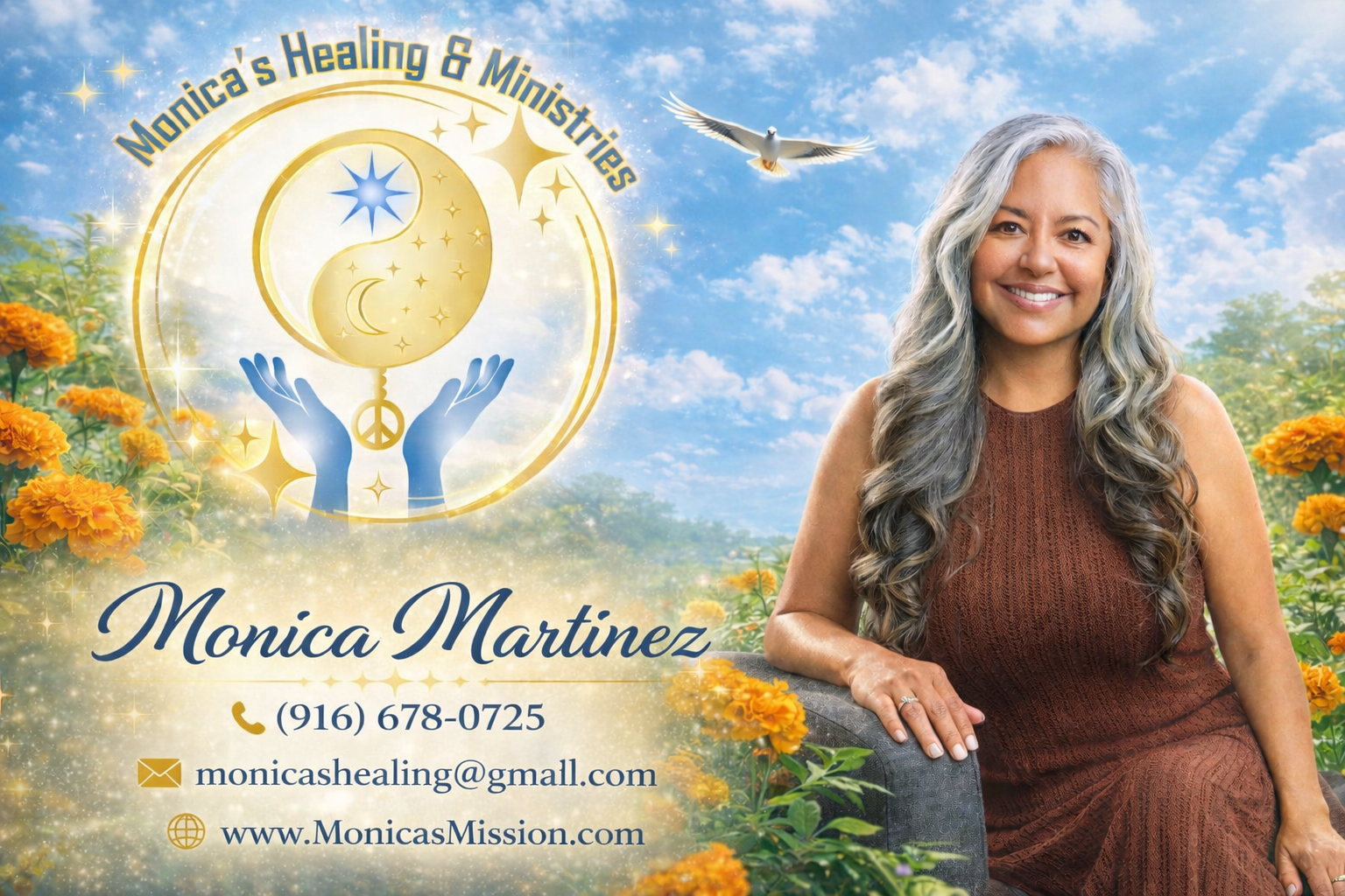 Monica Martinez healing and ministry business card with smiling portrait, golden sky, doves, and contact details
