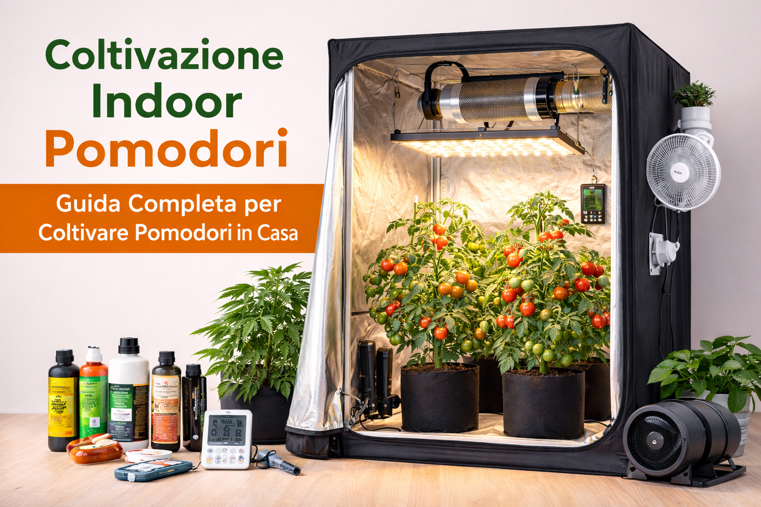 coltivazione indoor pomodori in grow box con lampada LED e sistema di ventilazione